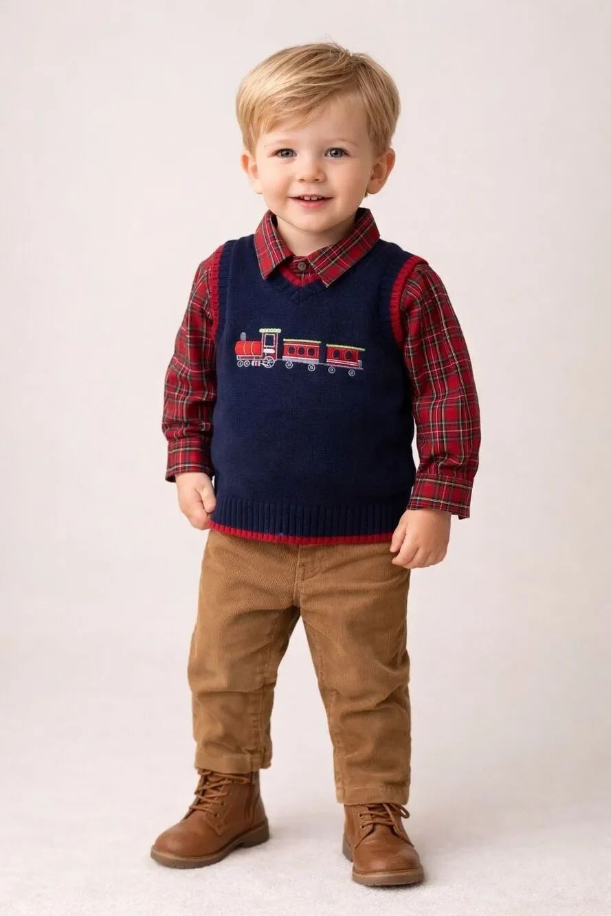 Great Guy Red Plaid Collared Shirt & Blue Train Sweater Vest 18 Months NWT